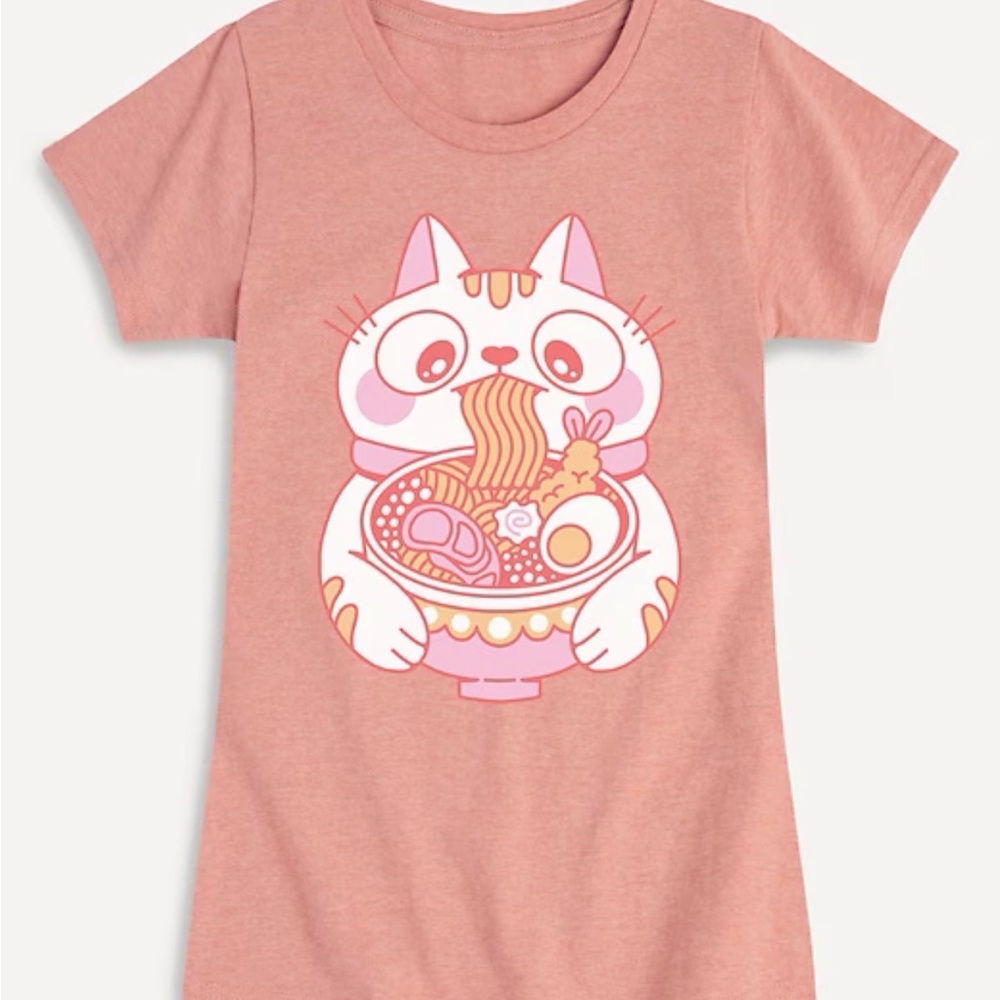 Cat Eating Ramen Fitted Short Sleeve T-Shirt For Girls
